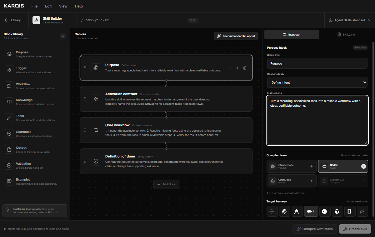 Interfejs KARQIS Skill Builder z wizualnym edytorem umiejętności agenta